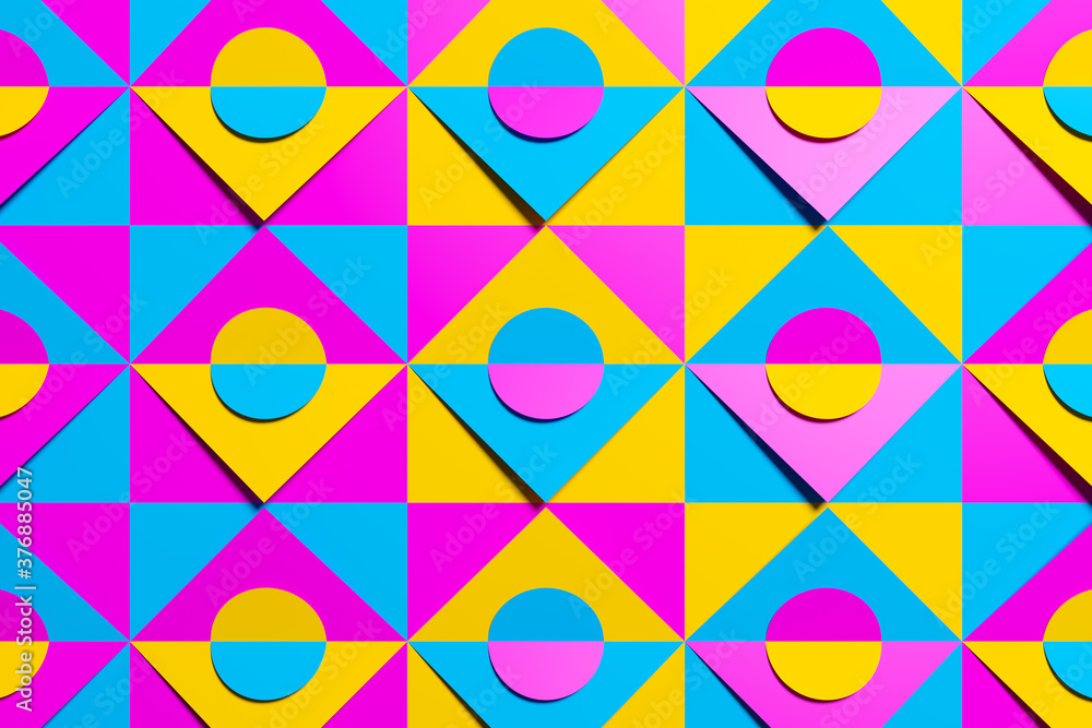 Poster blue, pink and yellow pattern in geometric ornamental style with squares and circles. abstract backg