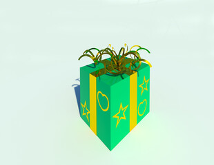 Stylish gift box decoration 3D illustration 2. Isolated box icon wrapped in green and gold, decorated with stars and hearts. Neutral color background. Collection.