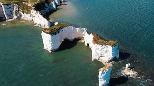 ENGLAND - 2020 - Beautiful aerial over the white cliffs of Dover near Old Harrys Rocks on the south coast of England.