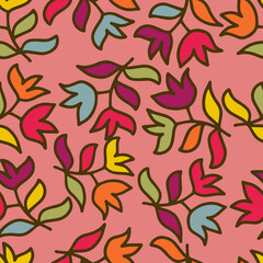 Seamless vector pattern of ornamental lined abstract autumn leaves and flowers 