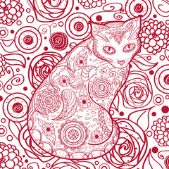 Square pattern with ornate cat. Hand drawn animal with abstract patterns
