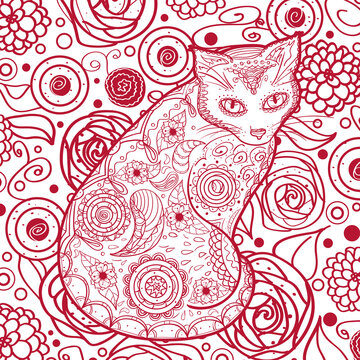 Square pattern with ornate cat. Hand drawn animal with abstract patterns
