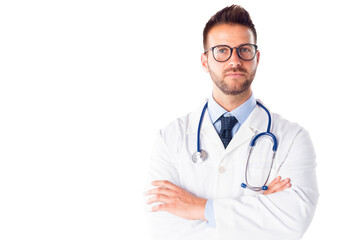 Fototapeta premium Male doctor portrait while standing at isolated white background
