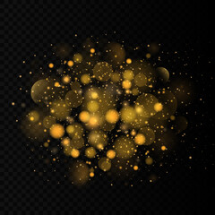Festive golden luminous background with colorful lights bokeh. Christmas concept. Abstract glowing bokeh lights isolated on transparent background. Magic concept. Vector illustration, EPS 10.