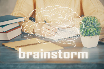 Start up creative drawing over close up hands on background. Concept of brainstorming. Multi exposure