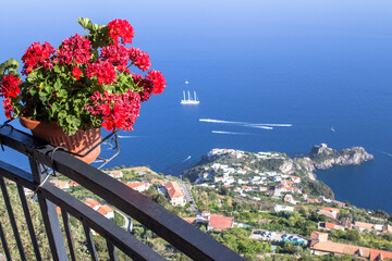 Flower pot on the viewpoint to the Amalfi coast, Italy