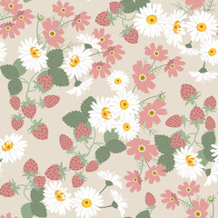 Seamless vector summer illustration with daisies and strawberries