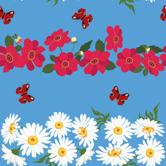 Seamless vector beautiful, summer illustration with chamomile, dahlias and butterflies