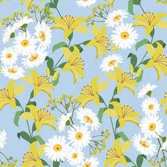 Keuken spatwand met foto Vector seamless summer illustration with daisies and lilies © Nadezhda