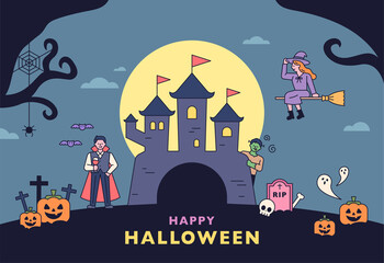 Dracula Castle in the forest and Halloween characters. flat design style minimal vector illustration.