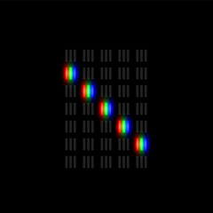 RGB pixel font character with glow, red-green-blue pixels, vector illustration