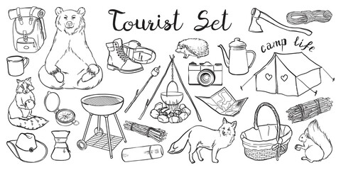 Set of elements for camping and hiking isolated on white background.