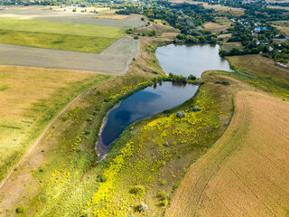 Fototapeta premium Aerial drone view. Country lake among agricultural fields.