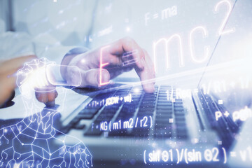 Science formula hologram with man working on computer on background. Education concept. Double exposure.