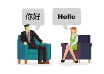 Business people talking in with different languages.