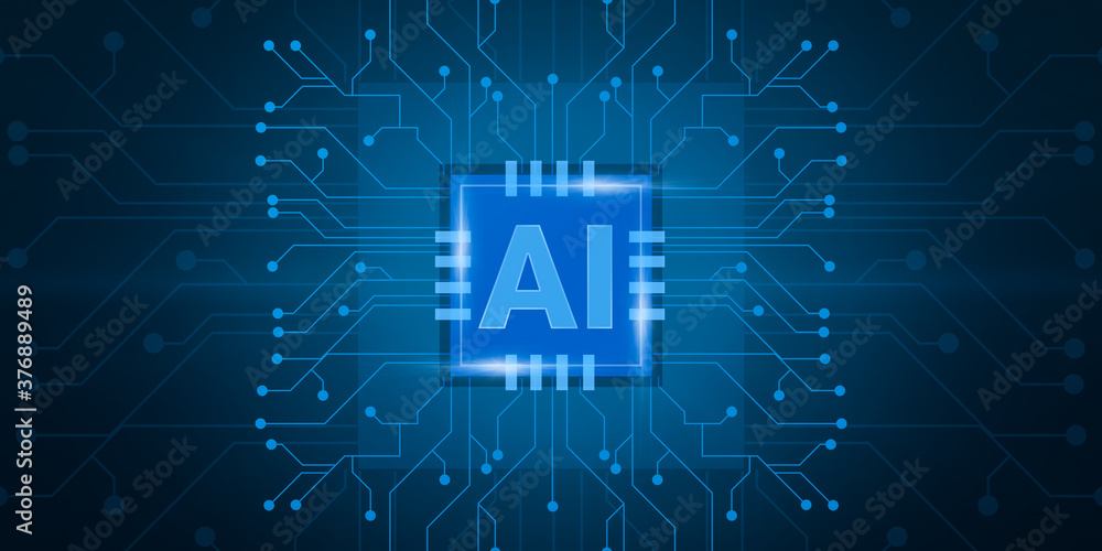 Poster Futuristic Illustration For Artificial Intelligence Concept With Computer Chip And Circuit Lines