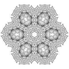 Big abstract mandala with floral pattern on white isolated background. Suitable for coloring book pages.