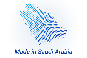 Fototapeta premium Map icon of Saudi Arabia. Vector logo illustration with text Made in Saudi Arabia. Blue halftone dots background. Round pixels. Modern digital graphic design.
