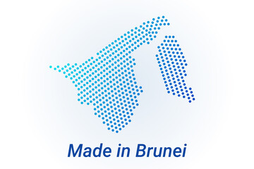 Map icon of Brunei. Vector logo illustration with text Made in Brunei. Blue halftone dots background. Round pixels. Modern digital graphic design
