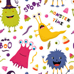 Cute monsters with sweets. Vector seamless pattern. Happy Helloween background for wrapping paper, wallpaper, textile, scrapbooking. Colorful spooky cartoon characters. Trick or treat candies.