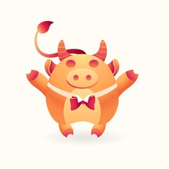 Mascot for Merry Christmas and happy Chinese new year 2021. Cute fortunate bull, cheerful ox character with gentleman bow tie on isolated background. Zodiac symbol for card. Vector stock illustration.