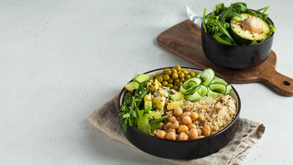 Healthy vegetable lunch from the Buddha bowl with quinoa, avocado, chickpeas. healthy food dish for vegetarians.