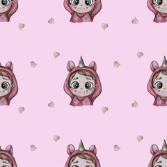 seamless pattern. Childrens collection Cute and funny baby in cozy pink kigurumi pajamas - unicorn on a pink background with hearts. Watercolor hand drawing. For textile, packaging and decoration