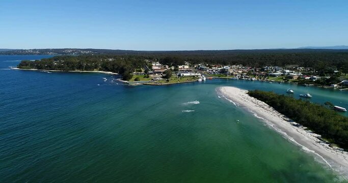 Myola kite beach on Jervis bay near Huskisson town &ndash; aerial 4k panning.
