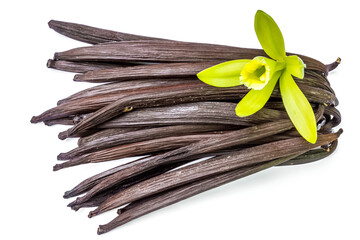 gousses et fleur de vanilla planifolia, île de la Réunion 