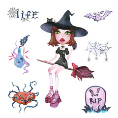 Watercolor magic set of witches for Halloween.