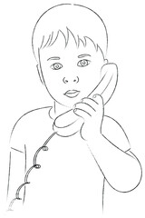 Sketch portrait of a little boy with a telephone receiver in his hand