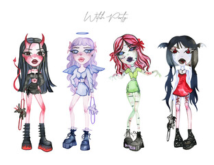 Watercolor magic set of witches for Halloween.