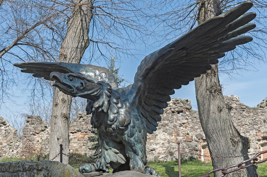 Turul (mythological bird of prey, the national symbol of Hungary) bronze eagle statue in the courtyard of the Medieval Uzhhorod Castle, Ungvar, in Ukraine