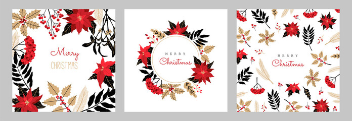 Set of Christmas greeting cards, with winter plants, poinsettia, rowan brunches, berries. Invitation to a holiday party. Vector illustration in modern Scandinavian style, isolated on white background.