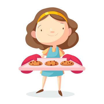 Smiling woman holding baking tray with homemade fresh cookies
