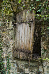 The dilapidated shutter on an abandoned building in the French countryside.