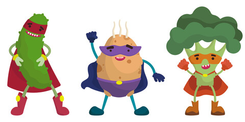 Set of superhero vegetables. Cucumber, potato and broccoli in cartoon style.