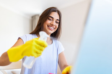 Surface home cleaning spraying antibacterial sanitizing spray bottle disinfecting against COVID-19 spreading wearing medical blue gloves. Sanitize laptop surfaces prevention