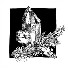 Hand-drawn graphic black and white crystal with fir tree branch and flower. Semiprecious gem stone with twig of Christmas tree and little simple flower on square background. Witch magic element
