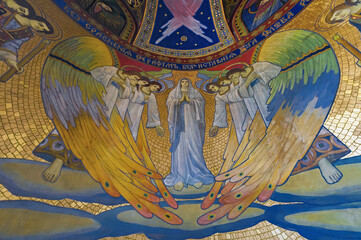 Mural with saints in vyshyvanka in the Ukrainian Greek Catholic Church of the Sacred Heart in Zhovkva, Ukraine at the June © havoc