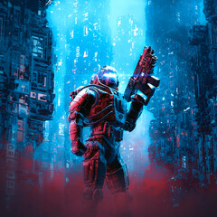 Cyberpunk soldier city patrol / 3D illustration of science fiction military robot warrior patrolling night time dystopian streets - 376894626