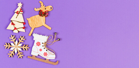 Top view Banner of festive composition made of New Year decorations on colorful background. Merry Christmas concept with empty space for your design
