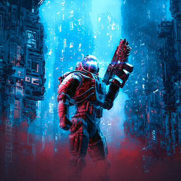 Fototapeta Cyberpunk soldier city patrol / 3D illustration of science fiction military robot warrior patrolling night time dystopian streets