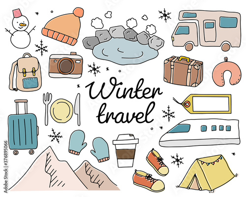 Leinwandbilder 冬旅行の手書きのイラストのセット おしゃれ 旅 トラベル 観光 冬休み 雪 温泉 かわいい Yugoro