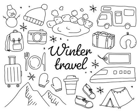 冬旅行の手書きのイラストのセット おしゃれ 旅 トラベル 観光 冬休み 雪 温泉 かわいい Stock Vector Adobe Stock