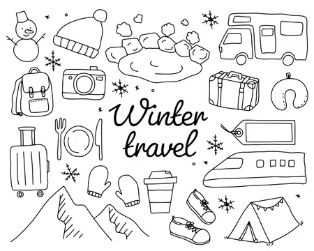 冬旅行の手書きのイラストのセット おしゃれ 旅 トラベル 観光 冬休み 雪 温泉 かわいい Vector De Stock Adobe Stock