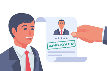 Approved stamp in the hands of a headhunter. Approved employment document. Happy businessman rejoices about hiring. Vector illustration flat design. Isolated on white background. 