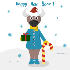 Funny cute cow in a blue dress on New Year's gives gifts. The bull is the symbol of the year. It can be used as an poster, banner, postcard, greeting the New Year, Christmas. Vector illustration.