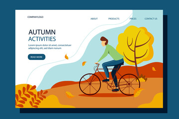 Cyclist-an athlete on a Bicycle. Landing page template. Man riding a bicycle in the park in autumn. Cute illustration in flat style.