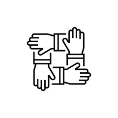 Obraz premium Team Work 4 hands icon, line style. 4 hands hold on each other.. Vector illustration. Design on white background. EPS 10